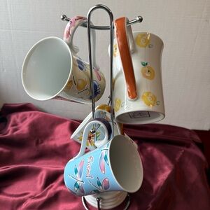 Kathy Davis Mug Set of 4 with Lids & Stand Porcelain Friends Design